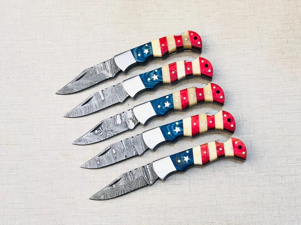 JUEGO DE 20 NAVAJAS DE BOLSILLO, BANDERA AMERICANA Y MANGO CAMELLO B CON FUNDA DE CUERO Foto 3 de 4