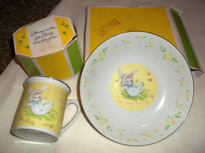 Vintage Bye Baby Bunting Cup and Saucer set White Rabbit kid in costume