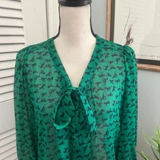 XHILARATION Womens Blouse Medium Green All Over Horse Print Bow Feminine Western