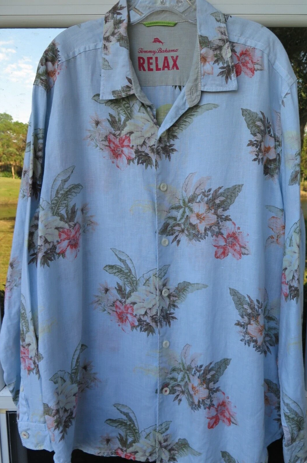Tommy Bahama Relax Men Pure Linen Light Blue Floral Hibiscus Casual Shirt XL EUC