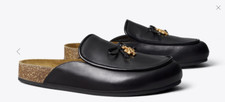 Tory Burch Charm Mules Flat Slip-on Black Genuine Leather Natural Cork US Size 7