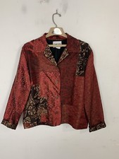 Chicos Womens Jacket Blazer 2 Red Fall Fairy Silk Patchwork Embroidered Boho