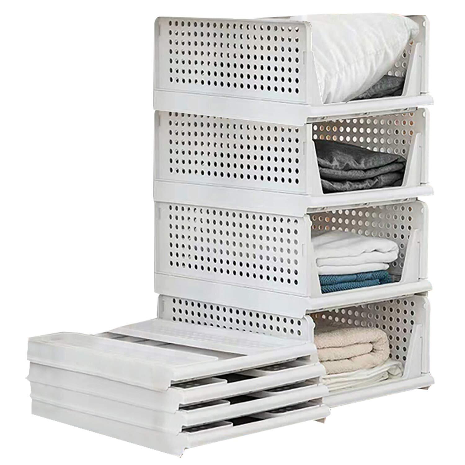Folding Wardrobe Storage Box 4-Pack Plastic Drawer Organizer Stackable Shelf ...-image