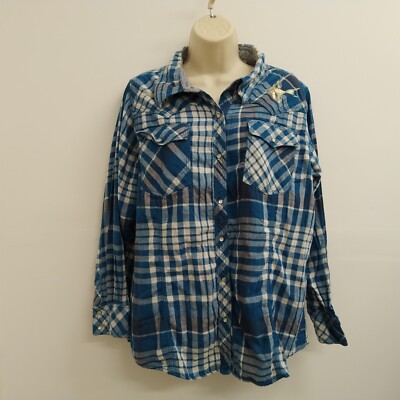 C.E. Schmidt Top Womens 1X Blue White Plaid Work Wear Cotton Snap Pearl Fit
