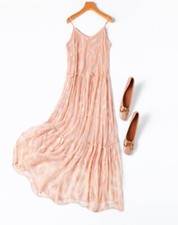 100 Natural Silk Women Chemise Pink Embroidery Long Type Full Slip Dress M1199