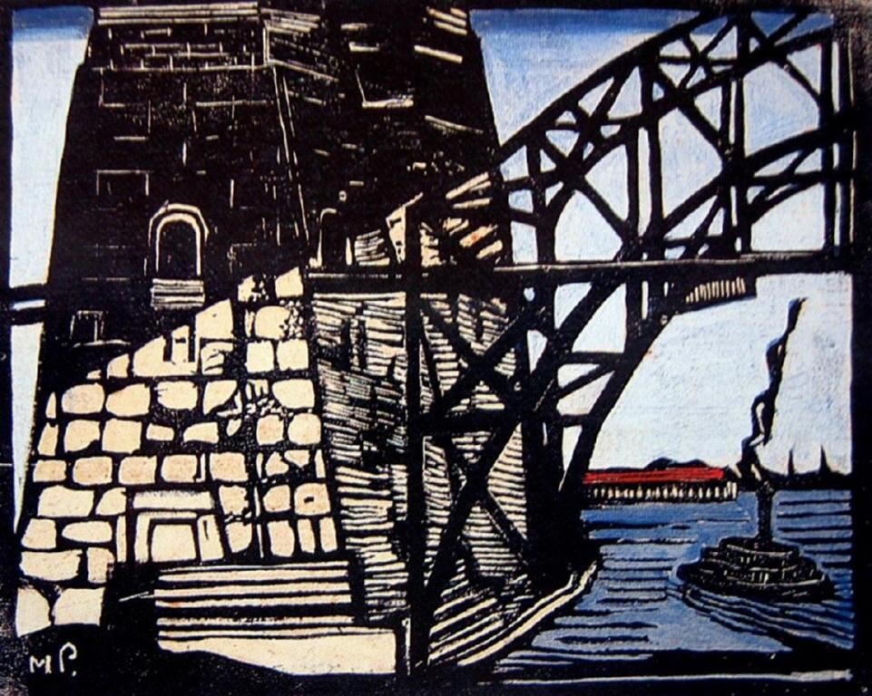 Bridge Pylon Harbor View Woodcut Art Print – Margaret Preston