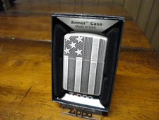 AMERICAN FLAG ANTIQUE SILVER PLATE ARMOR ZIPPO LIGHTER MINT IN BOX