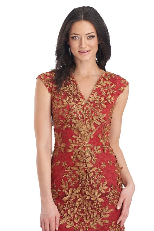 JS COLLECTIONS Red Gold 3D Leaf Embroidered Mesh Illusion V-Neck Dress 8 = M 💖 - Image 3 of 4
