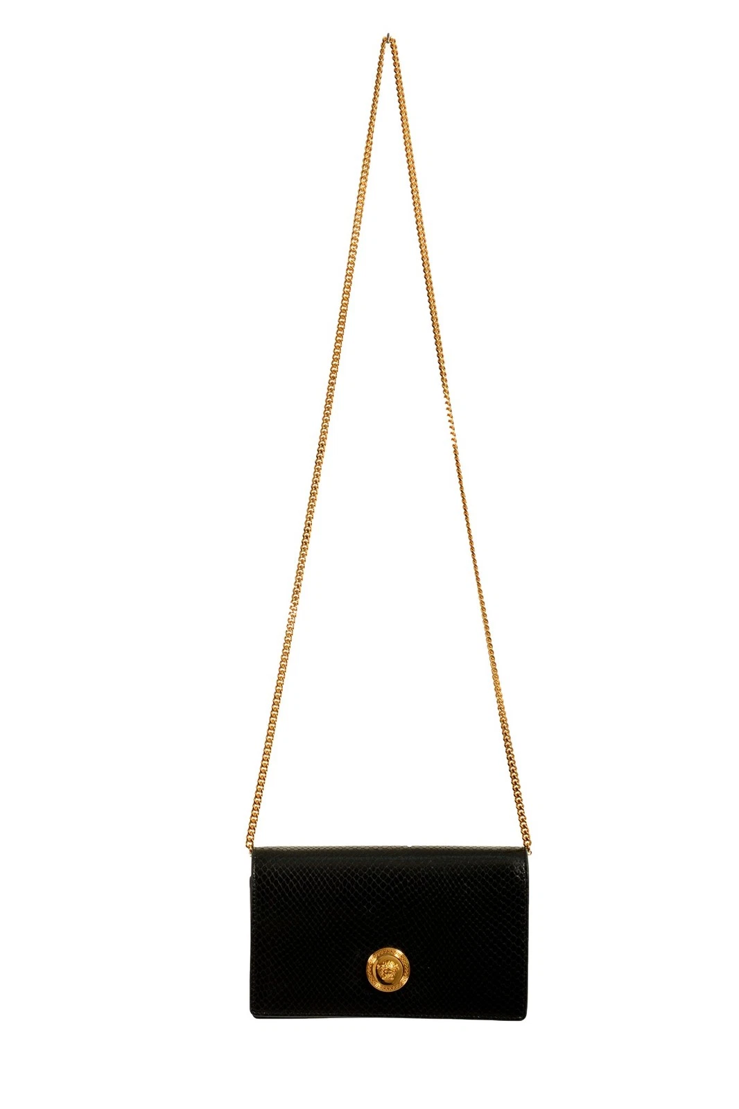Versace — Versace Black 100%Leather Snake Skin Print Gold Medusa Chain Clutch Shoulder Bag