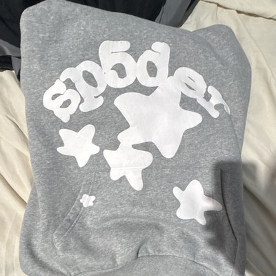 sp5der Gray Pullover Hoodie M Long Sleeve Graphic Print Stars Unisex