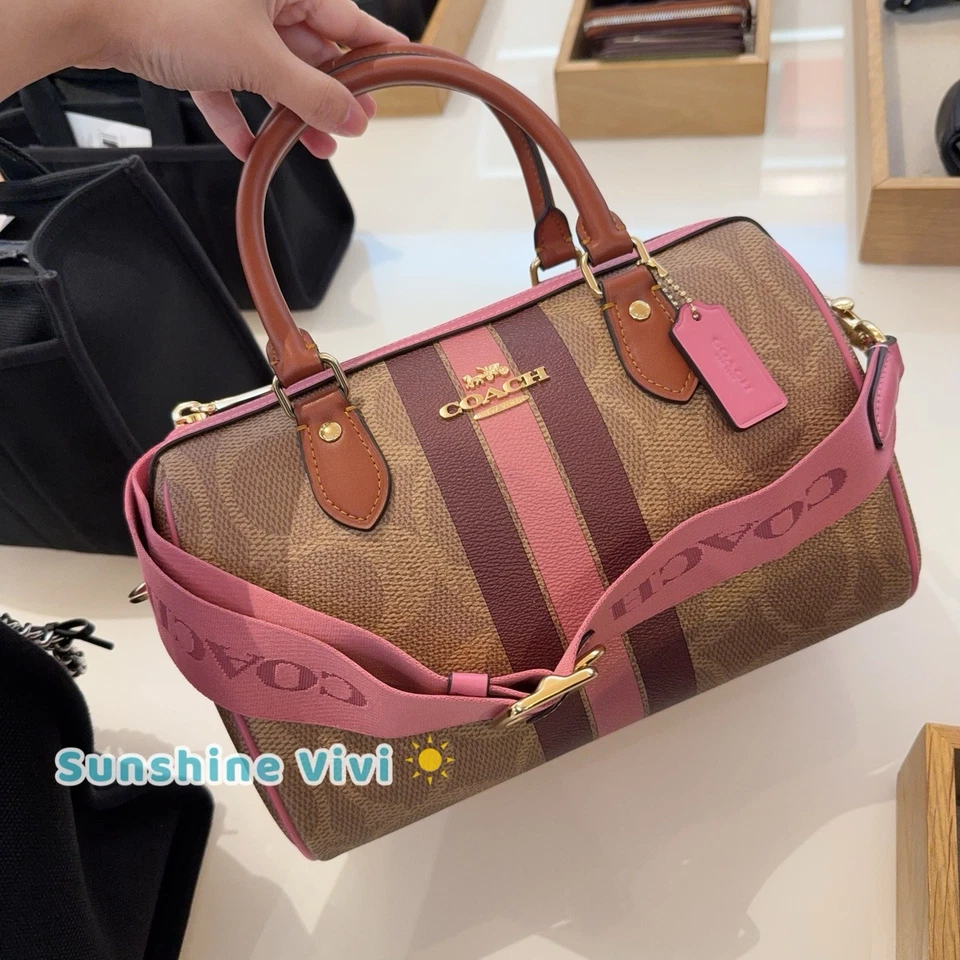 NWT COACH Rowan Satchel Bag In Signature Canvas With Stripe Print Gold/Tan CBI78