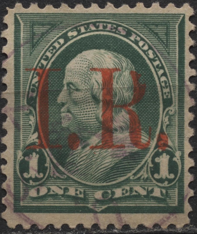 USA Revenue 1889 #R154 1c,  green with I.R. red ovpt.,(Type b),(broken "R" ovpt)