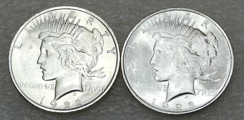 1922 & 1923 Peace Silver Dollar BU lot of 2 Frosty White coins in saflip #K442