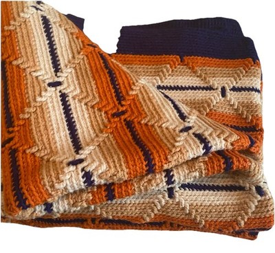 Vintage Handmade Crochet Afghan 38x32 Blue Orange White Zig Zag Throw Blanket
