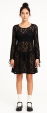 FREE PEOPLE Size M Ruby Black Lace Mini Dress Long Sleeve Sheer Fit Flare