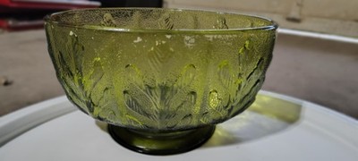 vintage 1975 F.T.D avocado green footed compote with oak leaf pattern