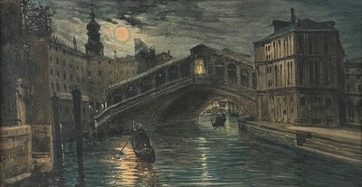 Natale Gavagnin Venedig bei Mondschein Blick auf die Rialtobrücke Aquarell um 1900