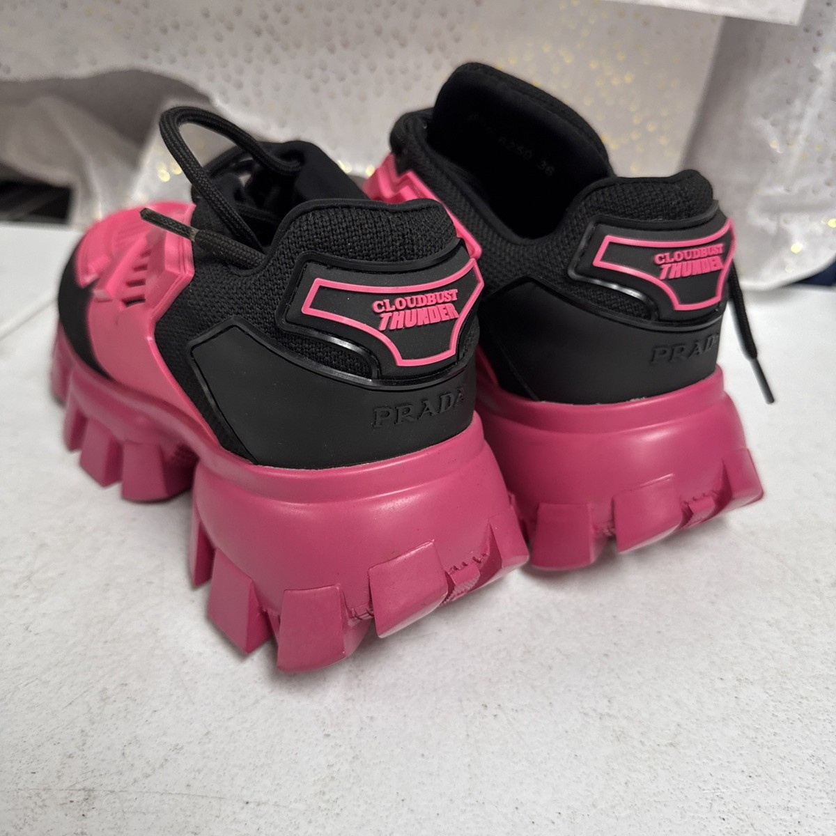 Prada CloudBust Thunder Chunky Mesh Pink Black Women Sneakers 