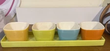 Colorful Ceramic Condiment Dip Bowl Set with Tray – 4 Square Bowls 