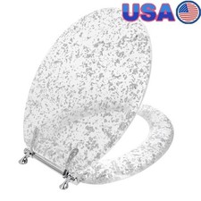 Elongated Decorative Toilet Seat Resin Chrome Hinges Heavy Duty Silver Foil New