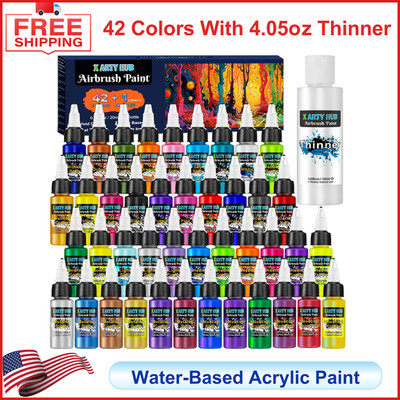 Airbrush Paint - 42 Colors with 4.05 Fl Oz Thinner, Iridescent, Neon & Metallic