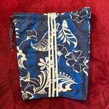 Adidas Mens Blue Floral Hibiscus Swim Trunks Board Shorts Size 34 3 Stripe Mesh