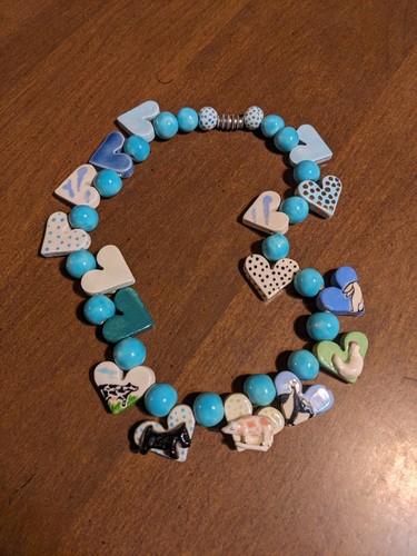 Vtg 70s Parrot Pearls Ceramic Necklace Beaded Heart Animals Frog, Cow, Rabbit