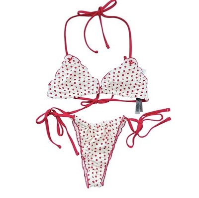 VS Pink by Frankies Bikinis Red Polka Dot Scallop Triangle Bikini Set S/M NEW