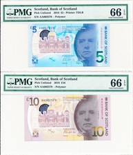 Bank of Scotland 5, 10 Pounds 2016 Prefix AA Same S/No 002579 PMG 66EPQ 2 Pcs