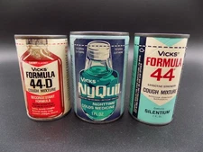 3 Vintage Vicks Formula 44D Cough Sryup & Nyquil Sample Size Sealed Containers