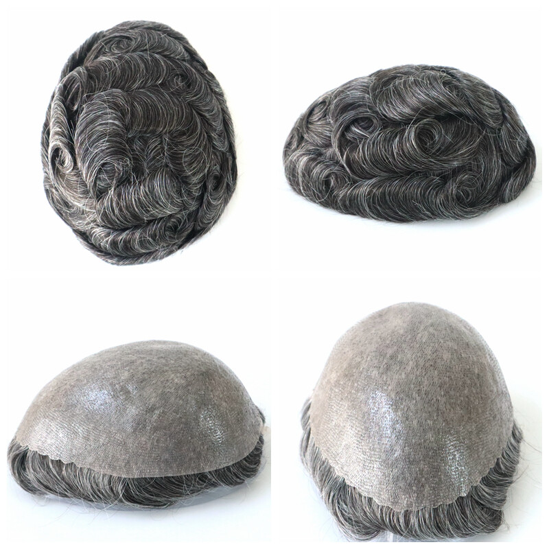 Mens Hairpieces Poly Skin Scalloped Toupee Human Hair Replacement System #1B30