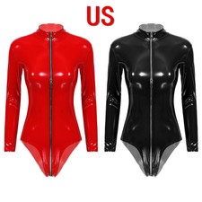 US Women's Wet Look PVC Leather Bodysuit Long Sleeve Zipper Crotch Clubwear