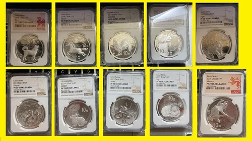 2010-2020 CHINA LUNAR 10 OZ  SILVER 10 COINS PRFCT RARE SET NGC PF 70 UC