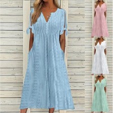 Button V Neck Eyelet Beach Boho Vacation Maxi Sundress with Pockets