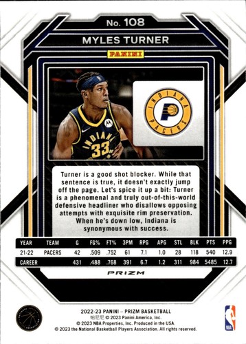 2022-23 Panini Prizm - Myles Turner #108 Ice Prizm - Picture 2 of 2