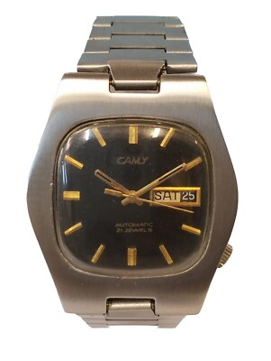 CAMY 21 JEWELS AUTOMATIC BLACK DIAL 7629 SWISS MEN'S FULL WORKING VINTAGE WATCH