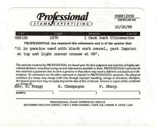 PSE CERT - #182 1c Franklin - used - w/IMPRINT CAPTURE @ TOP - Picture 2 of 2