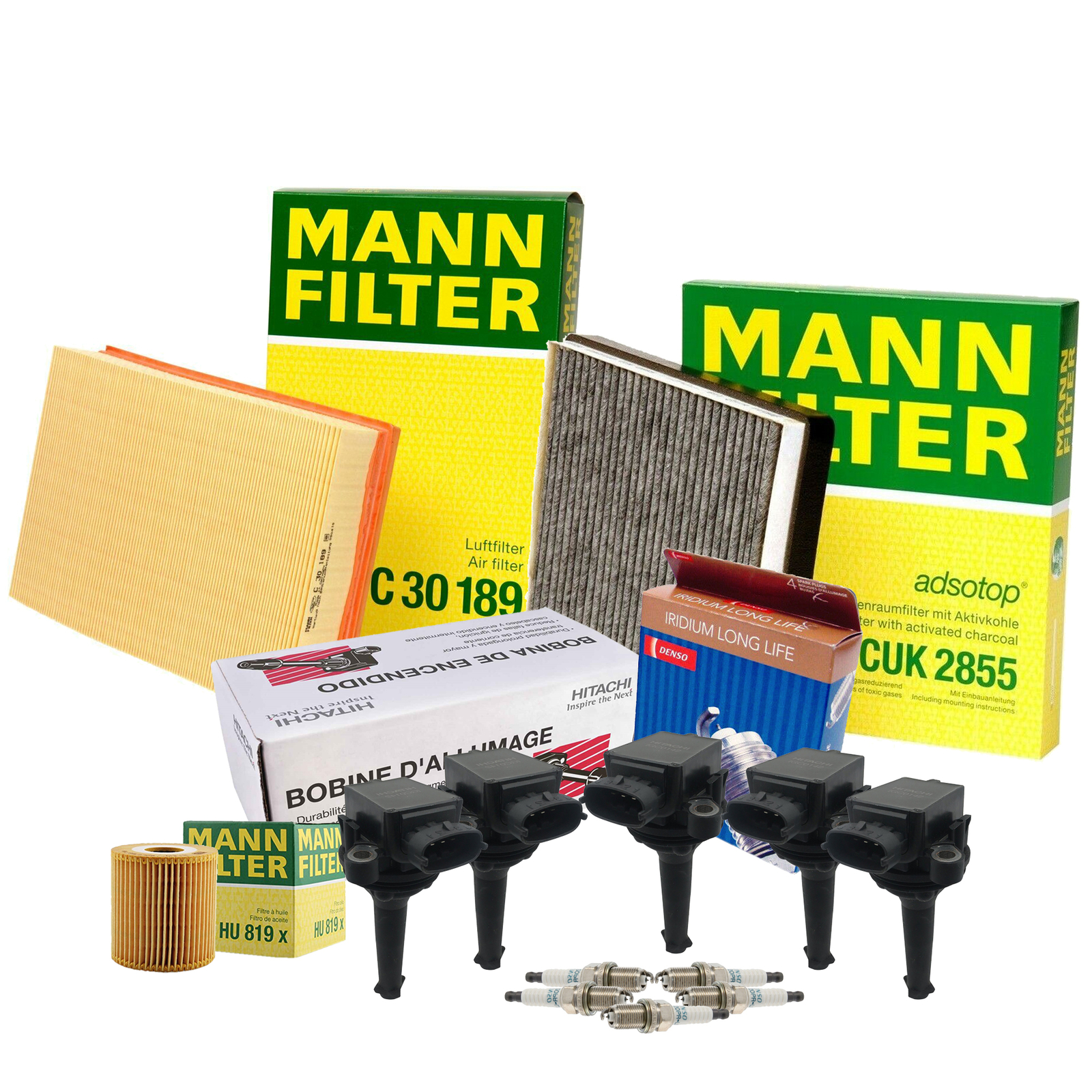 Mann Filter Hitachi 5 Coil Denso 5 Iridium LongLife Spark Plug TuneUp Kit For L5