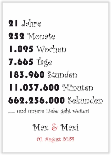 Jahrestag Hochzeitstag Geschenk 21 Jahre Geschenkidee für Paare Mann Frau DIN A4