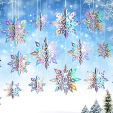 Hanging Snowflake Decorations Winter Christmas - 12 Pcs Hanging 3D Paper Irid...