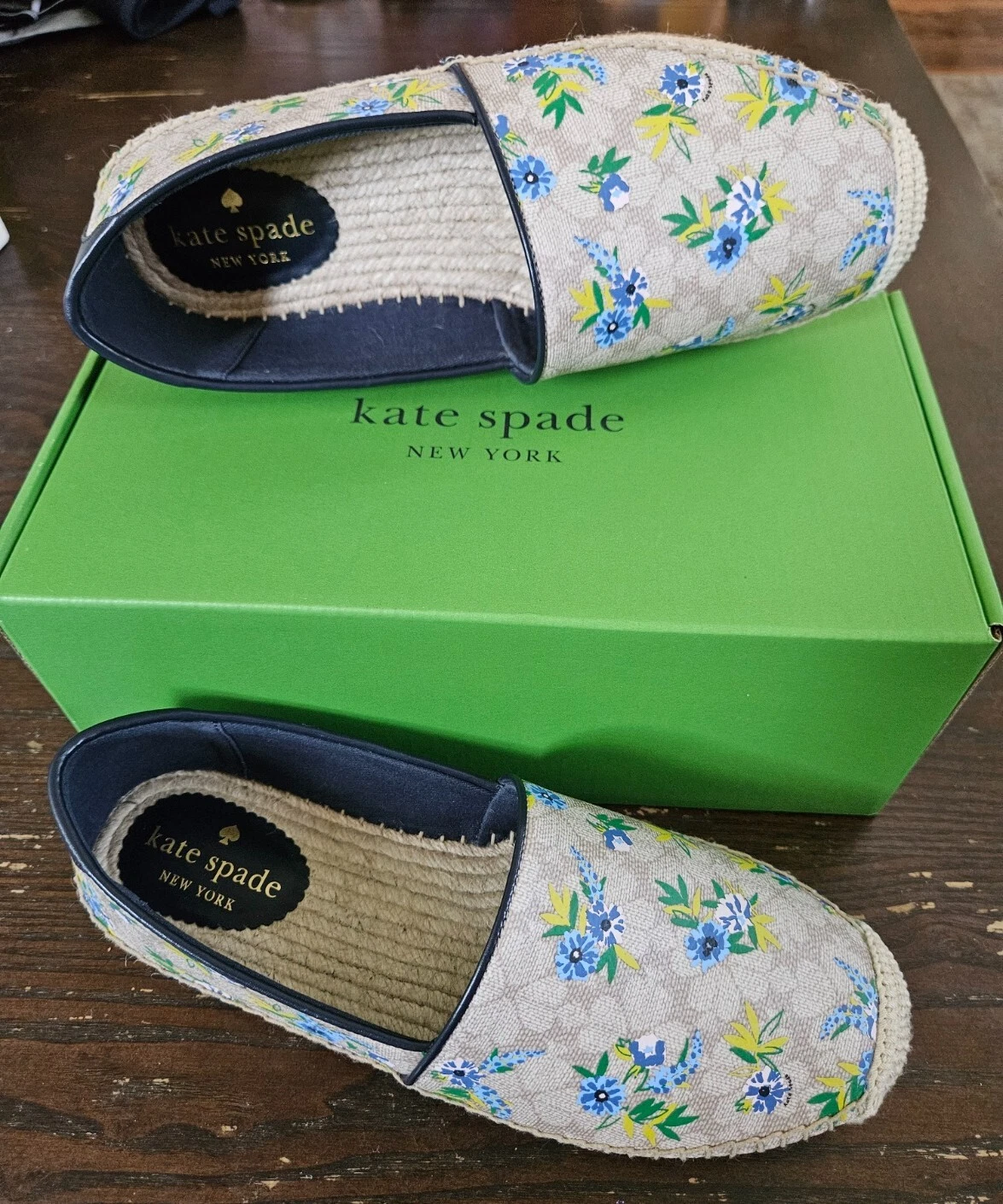 KATE SPADE NY espadrillas taglia 7 5 Gwen scarpe basse rivestite di fiori tela beige $169