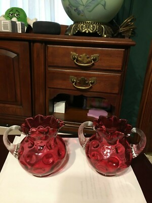 HTF Fenton L G Wright Cranberry Pink Inverted Thumbprint Coin Dot Creamer Sugar