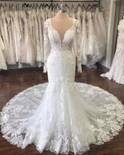 V Neck Lace Appliques Wedding Dresses Vestidos De Casamento Vintage Long Sleeves