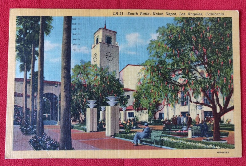 1955 Linen Postcard South Patio, Union Depot, LA, CA w 2 2cent John Adams Stamps