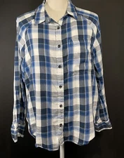 So Good For Life Women’s Shirt Medium Button Up Blue Plaid Long Sleeve F5-9
