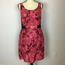 Ann Taylor Loft Dress Sz 8 Womans Pink Black Watercolor Sleeveless Elastic Belt