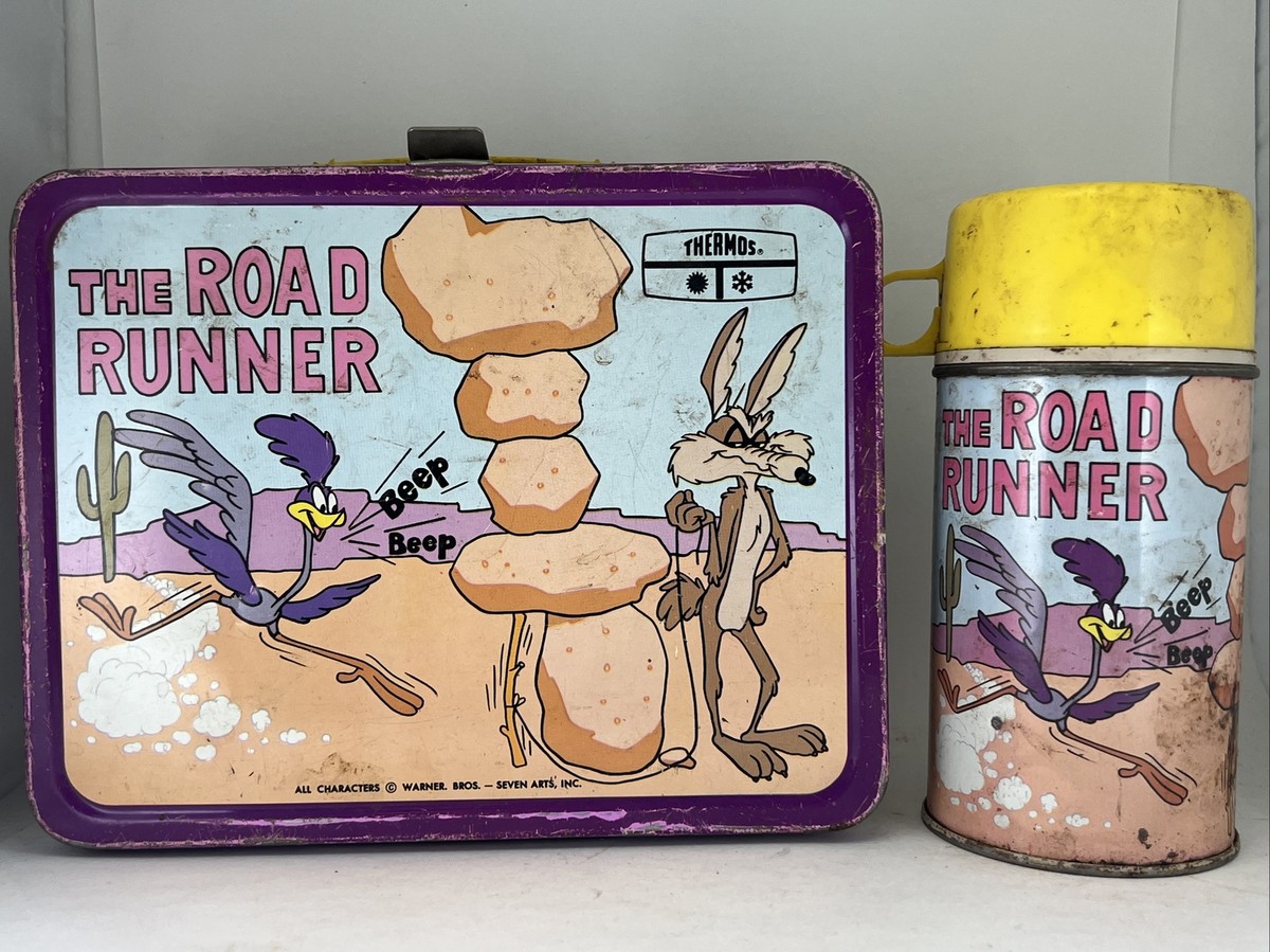 80s Road Runner バケツ Warner Bros. 缶 アメコミ 1973 Vintage Metal ROAD RUNNER COYOTE Thermos Brand Lunchbox w