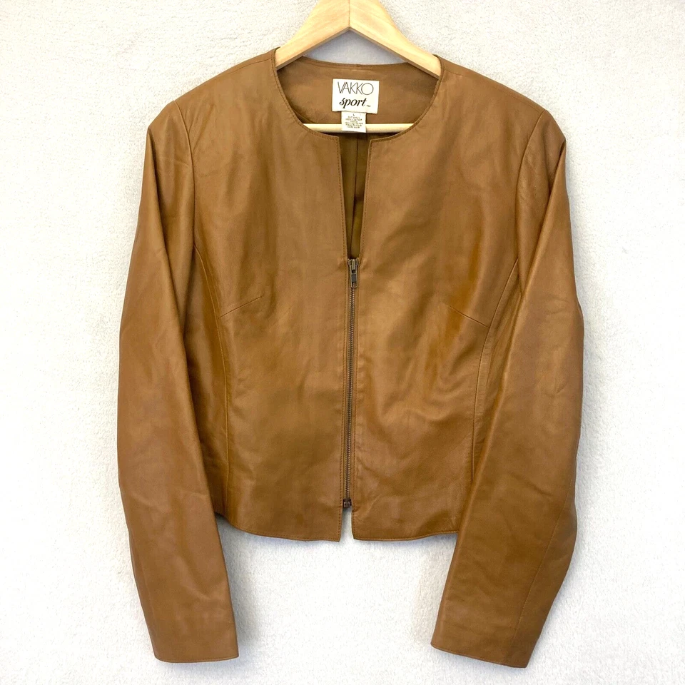 Chaqueta corta deportiva vintage VAKKO 100 % cuero para mujer grande marrón camel tostado Foto 3 de 4