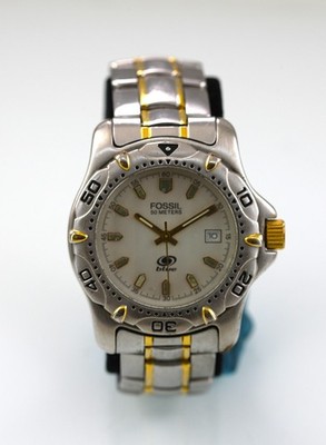 Fossil Blue Watch Men Silver Gold Stainless Steel 50m Battery Date Beige Quartz