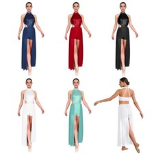 Womens Dancewear Prom Bodysuit Latin Dance Dress Integrated Sequined Top Skirt